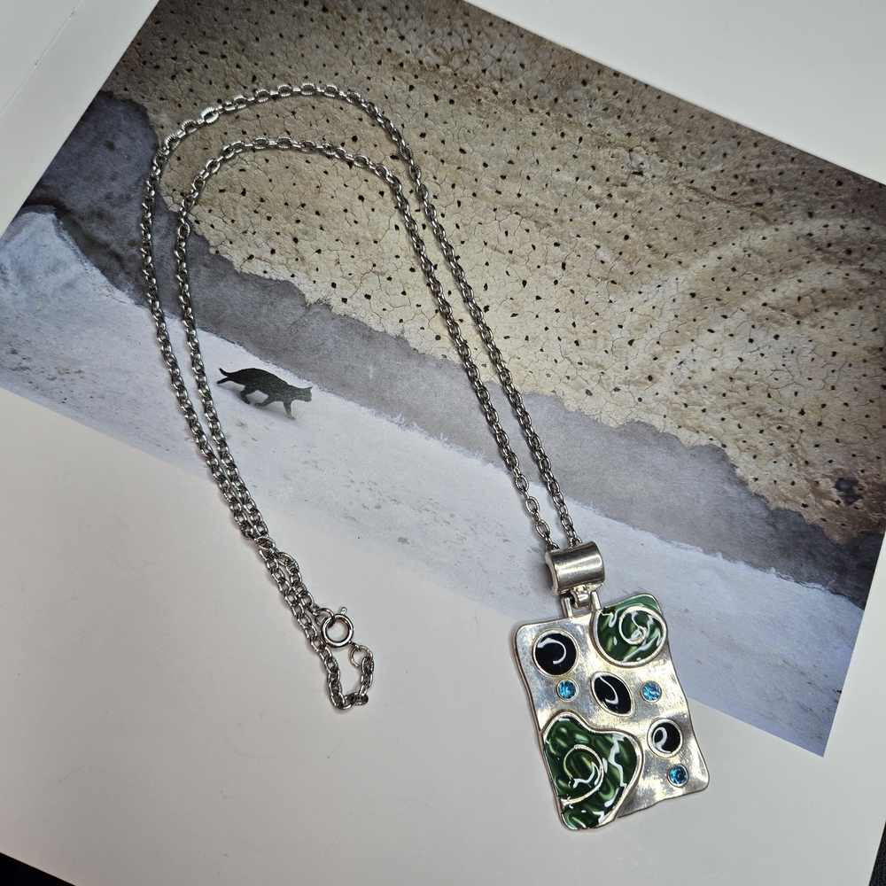 Silver Pendant Necklace with Green and Blue Accents